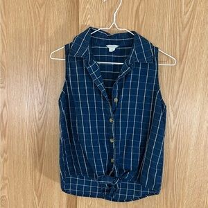 Aeropostale Blue Plaid 100% Cotton Sleeveless Front Tie Cropped Button Down Top